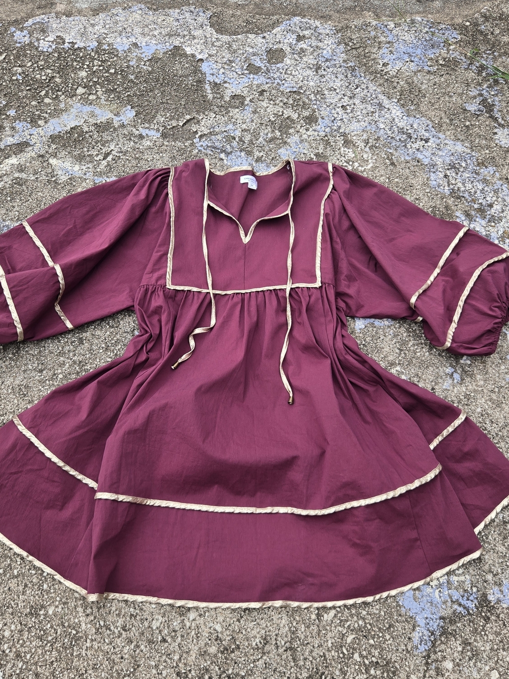 Chic Soul Burgundy babydoll dress gold Pipping Whimsical Romantic Renaissance